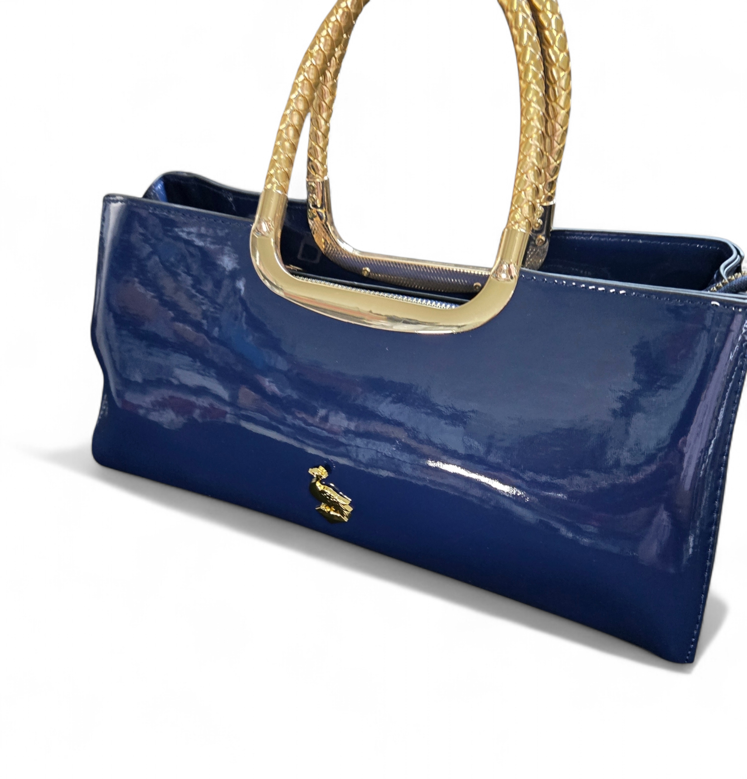 Patent Leather Handbag – Luxury Gloss Finish with Gold Handles, Red, White, Navy Blue