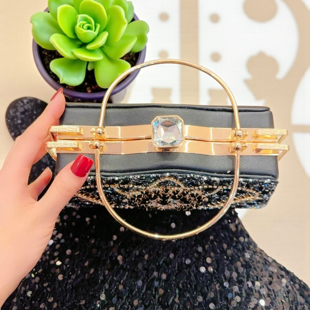 Royal Noir Jeweled Frame Clutch