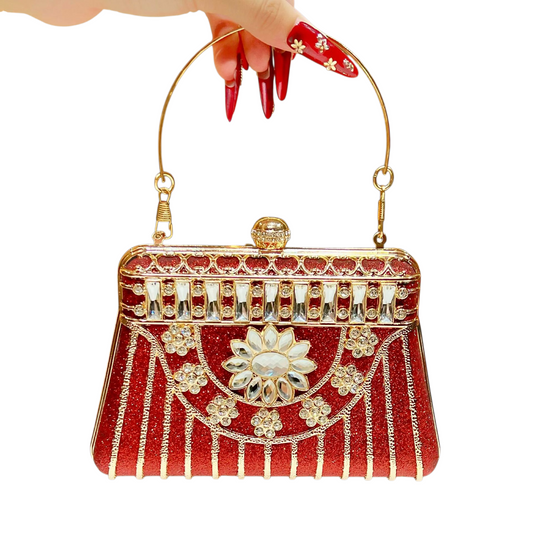 Royal Red Crystal Clutch – Luxury Evening Handbag with Gold & Jewel Accents