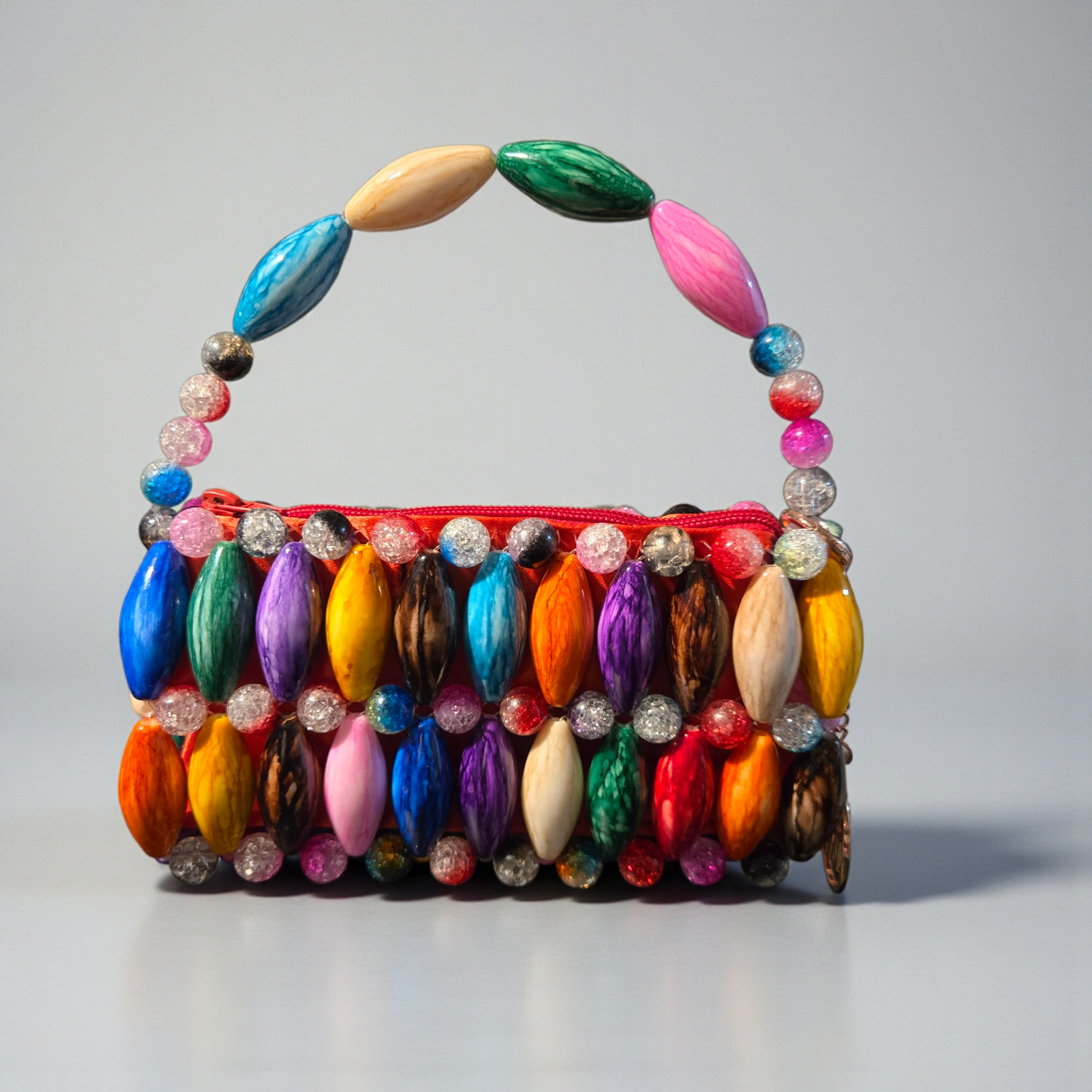 Beaded Pearl Handle Handbag- Brown, Multicolor, Ruby