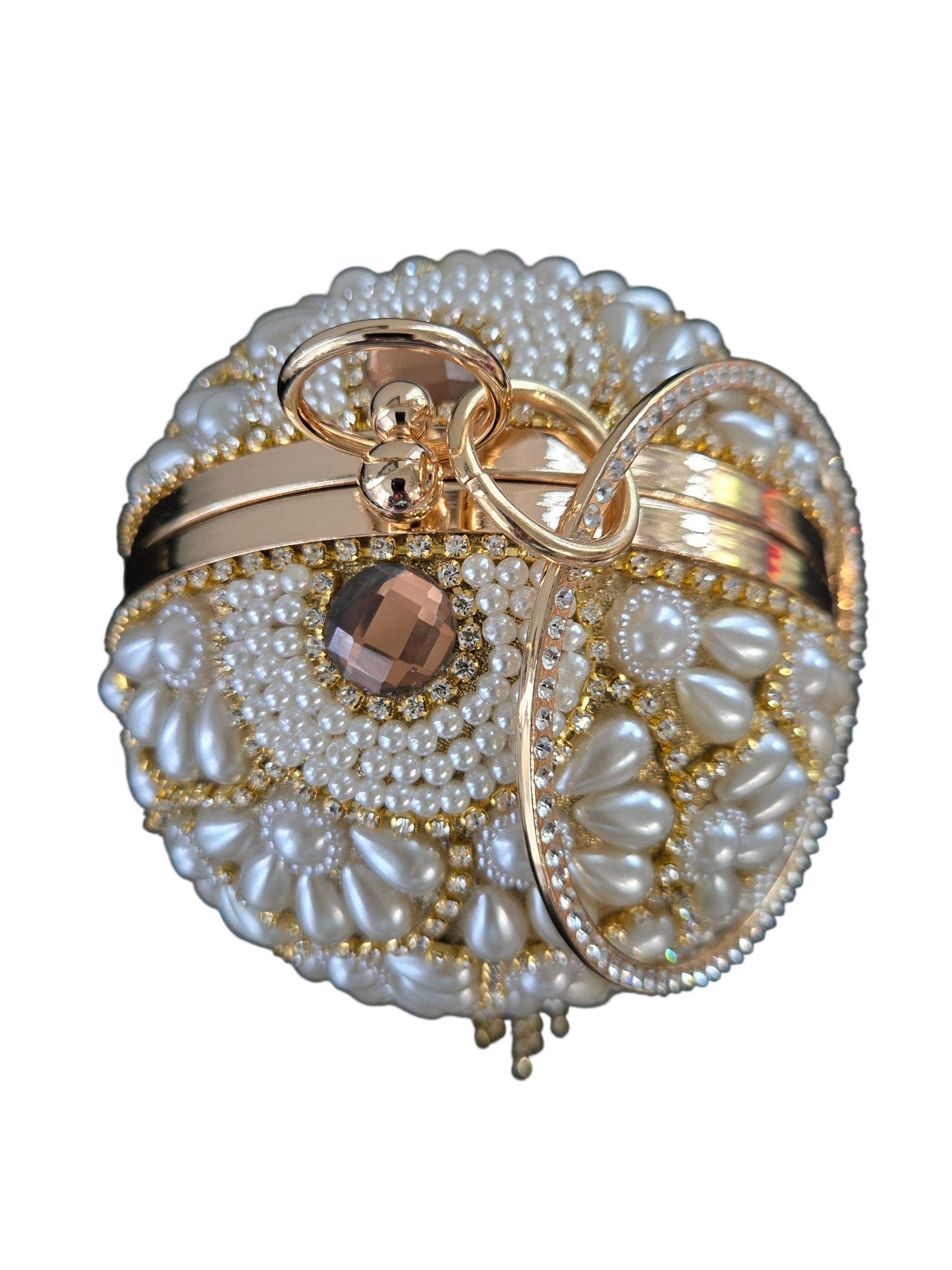 Floral Pearl & Gold Fringe Clutch – Luxury Bridal Handbag