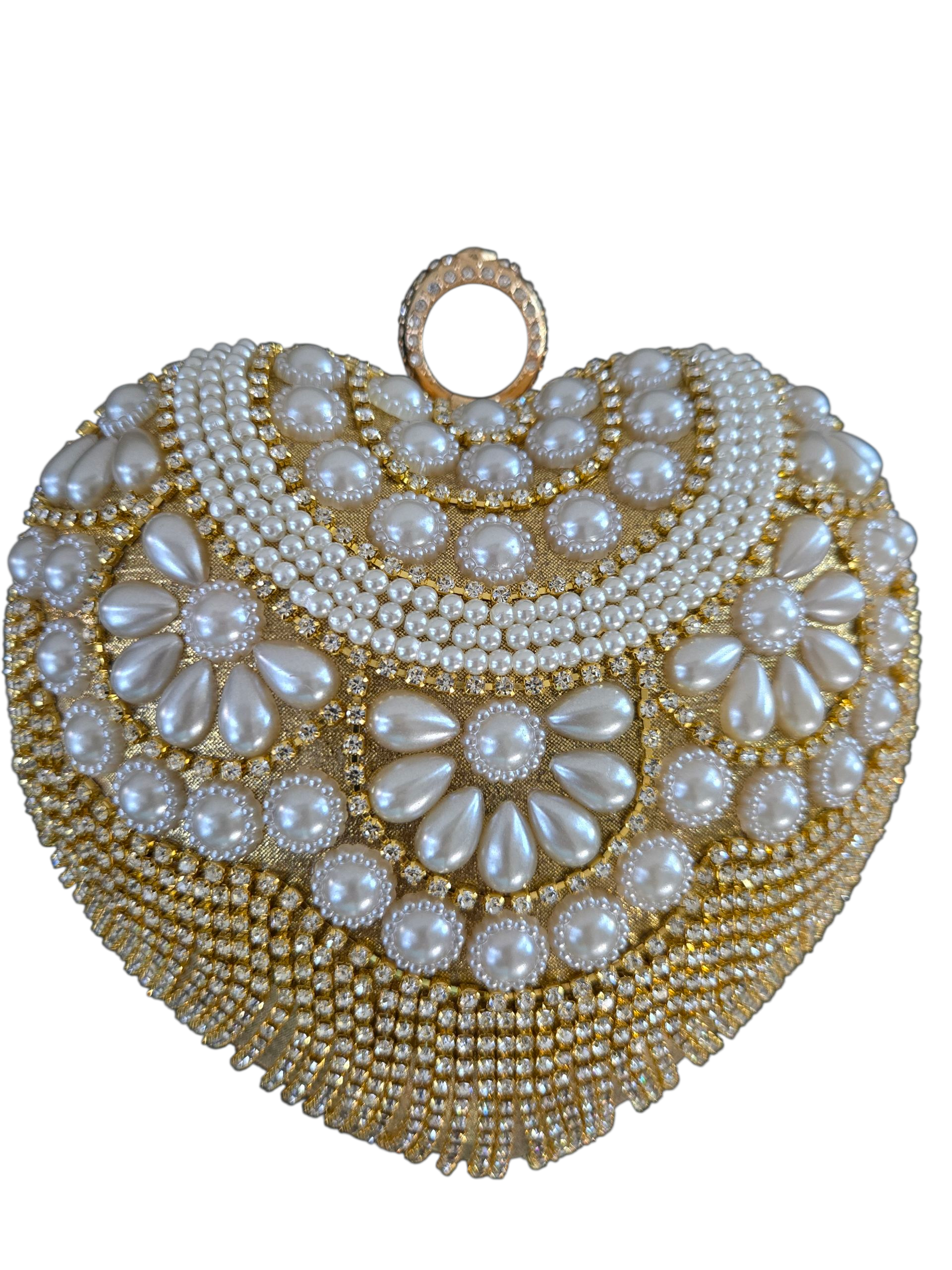 Heart-Shaped Pearl & Gold Beaded Handbag – Luxury Bridal Purse