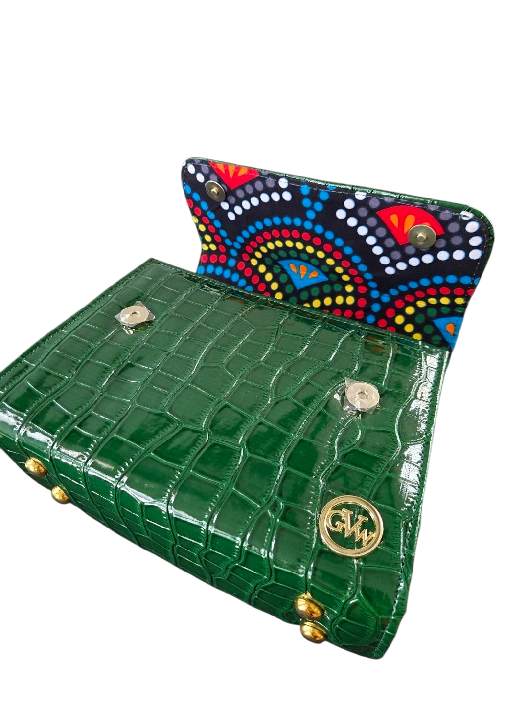 GVW Croc-Embossed Chain Shoulder Bag with Ankara Lining – Luxury Crossbody Green