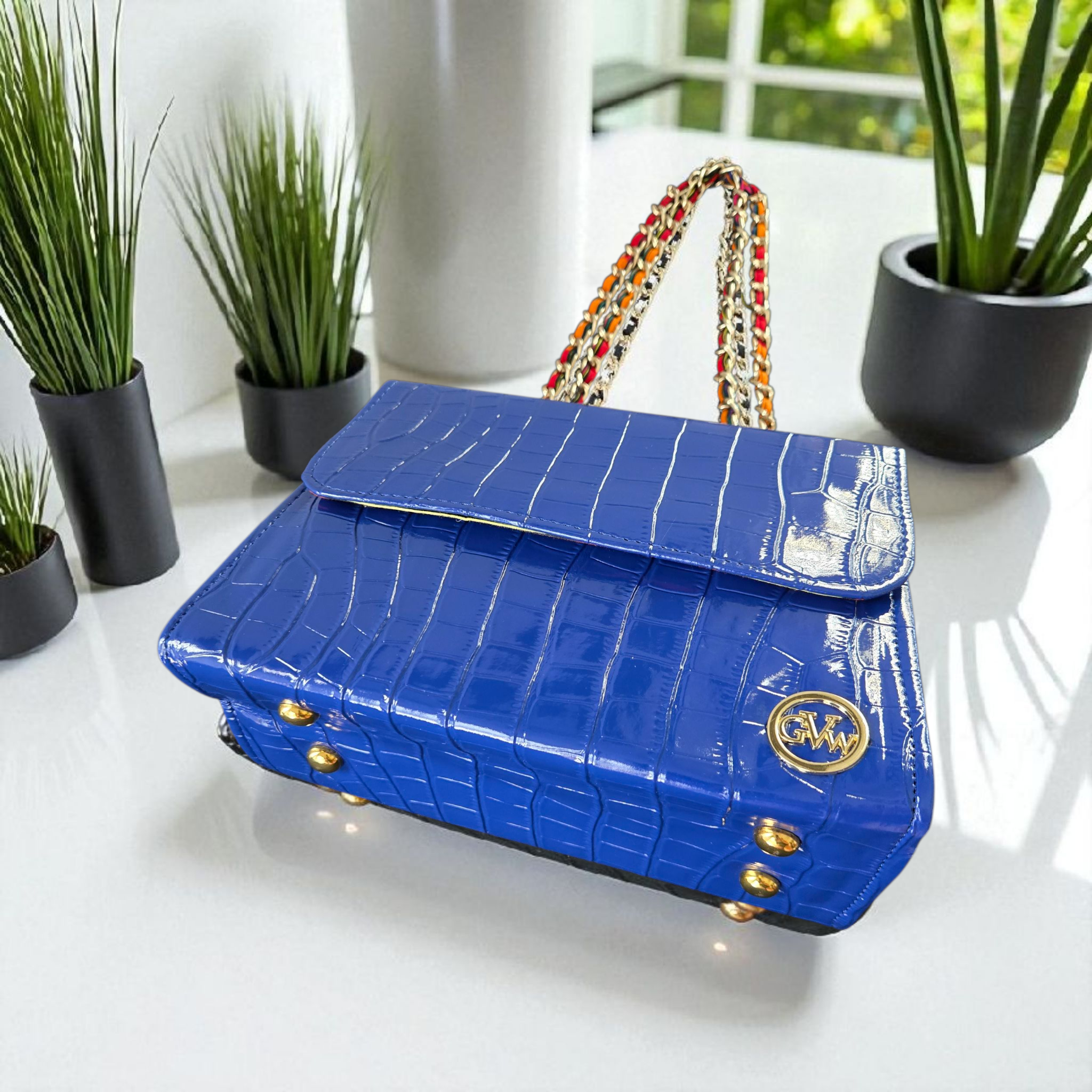 GVW Croc-Embossed Chain Shoulder Bag with Ankara Lining – Luxury Crossbody Blue