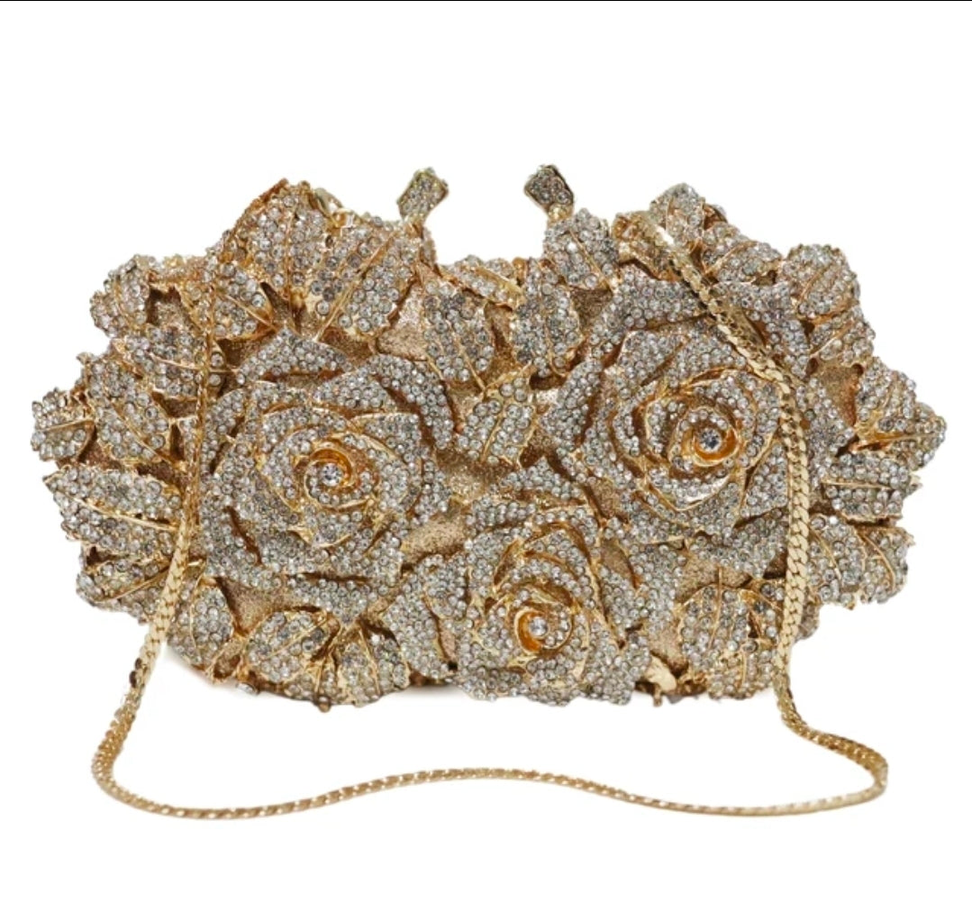 Crystal Rose Garden Clutch – Luxury Floral Evening Bag Gold