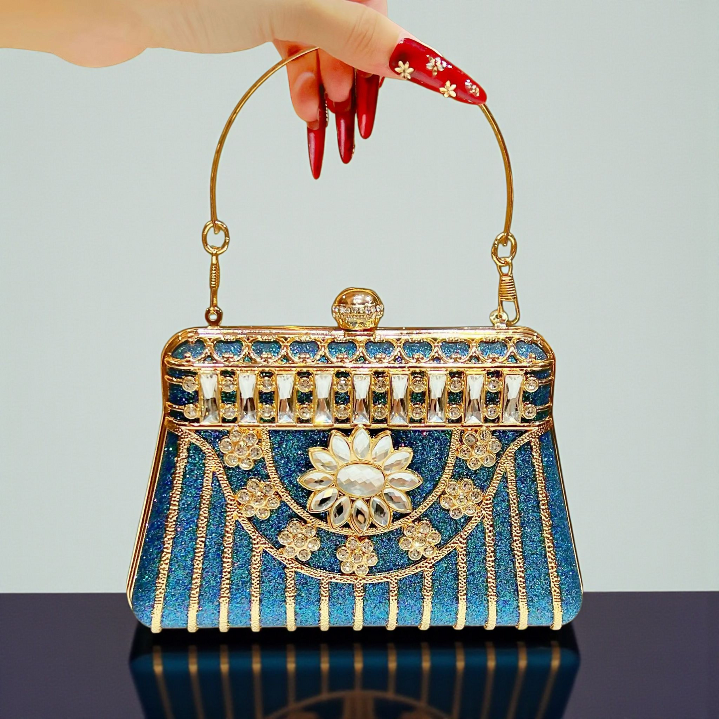 Luxury Crystal Embellished Evening Clutch – Blue, Black, Red, Gold and White