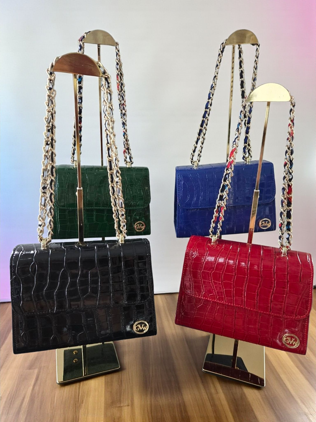 GVW Croc-Embossed Chain Shoulder Bag with Ankara Lining – Luxury Crossbody Green