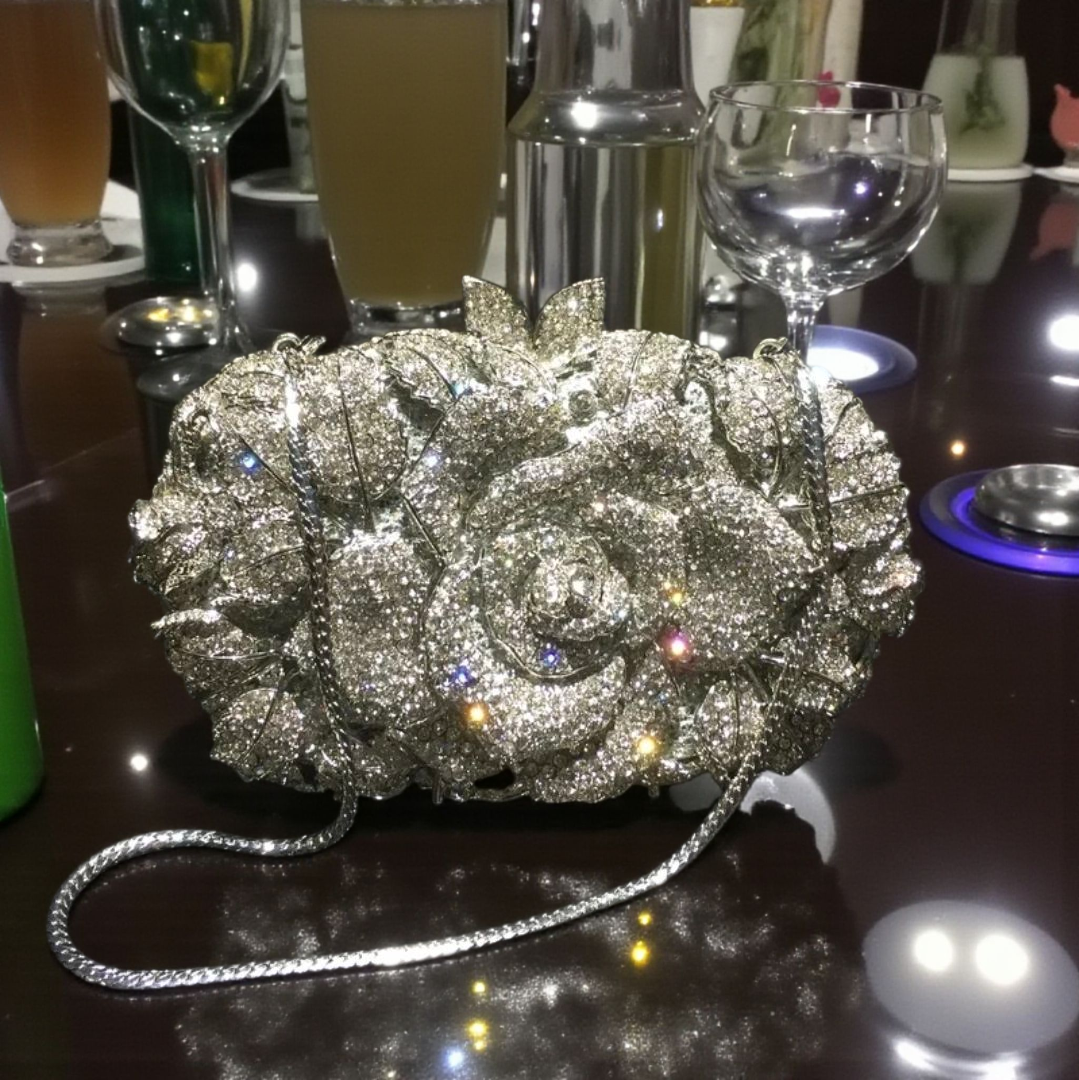 Crystal Rose Evening Clutch – Luxury Floral Rhinestone Bag Silver