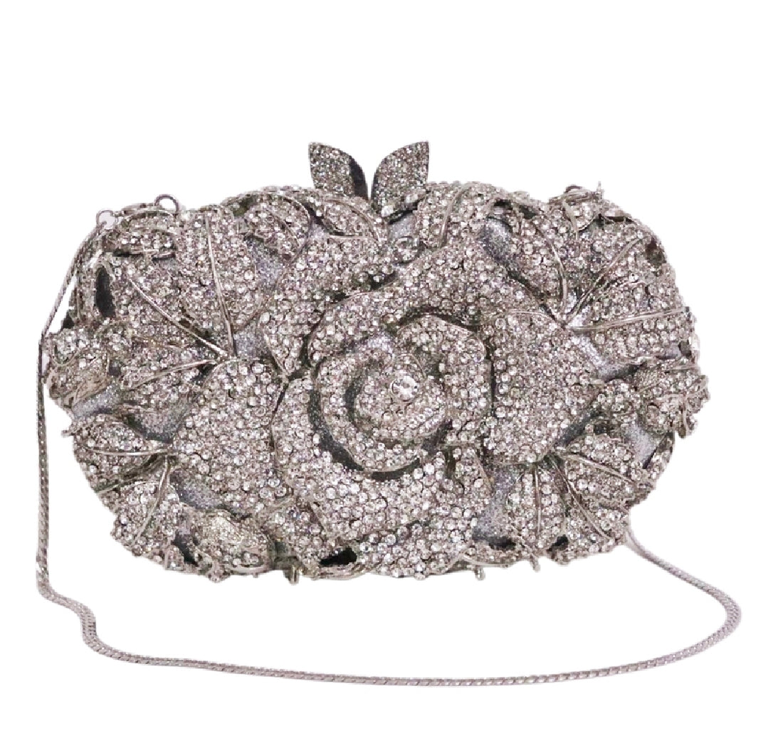 Crystal Rose Evening Clutch – Luxury Floral Rhinestone Bag Silver