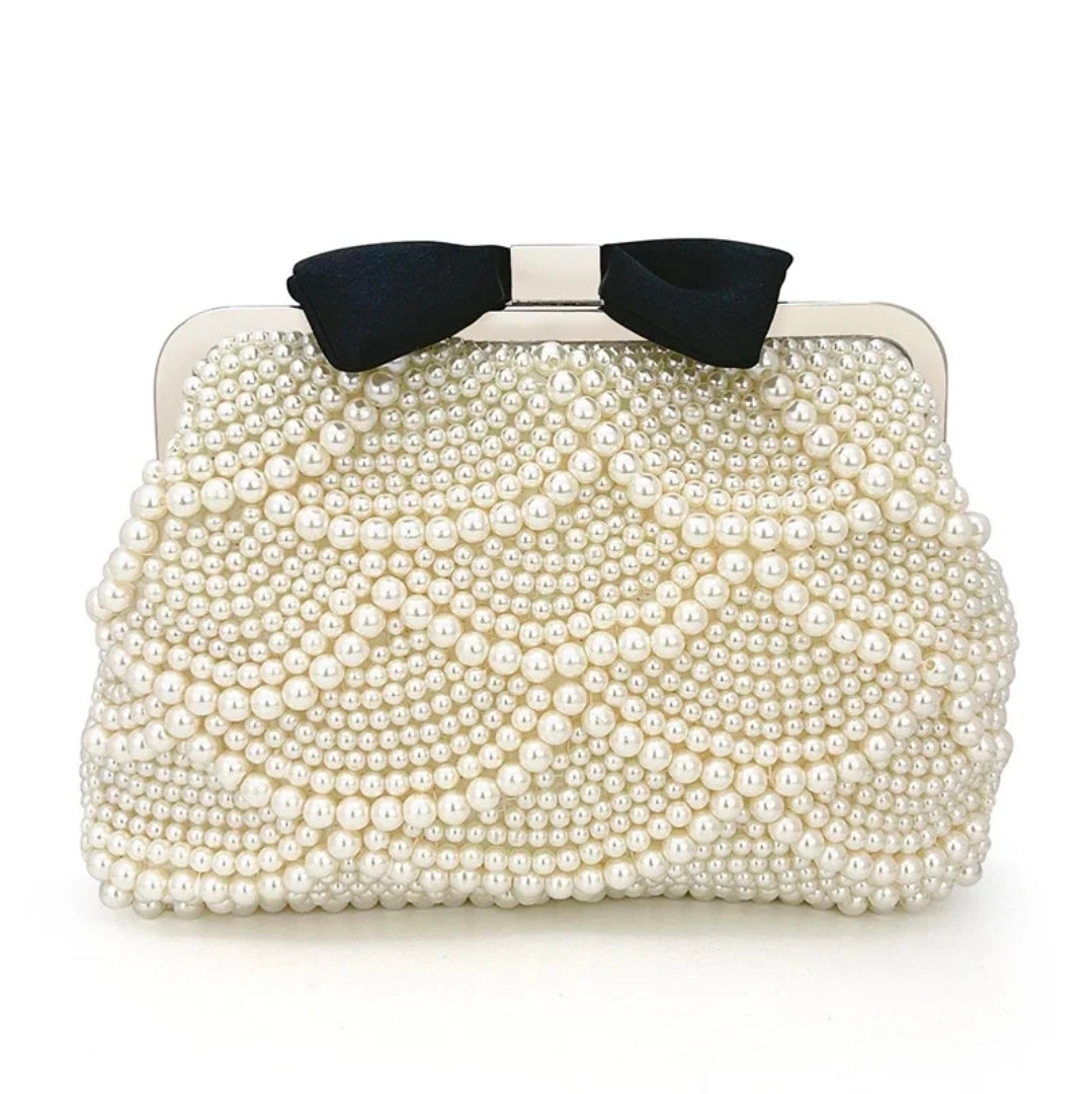 Pearl Beaded Handbag with Black Bow – Elegant Bridal Purse