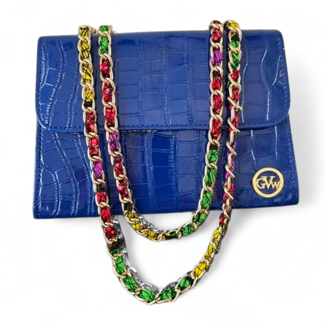 GVW Croc-Embossed Chain Shoulder Bag with Ankara Lining – Luxury Crossbody Blue