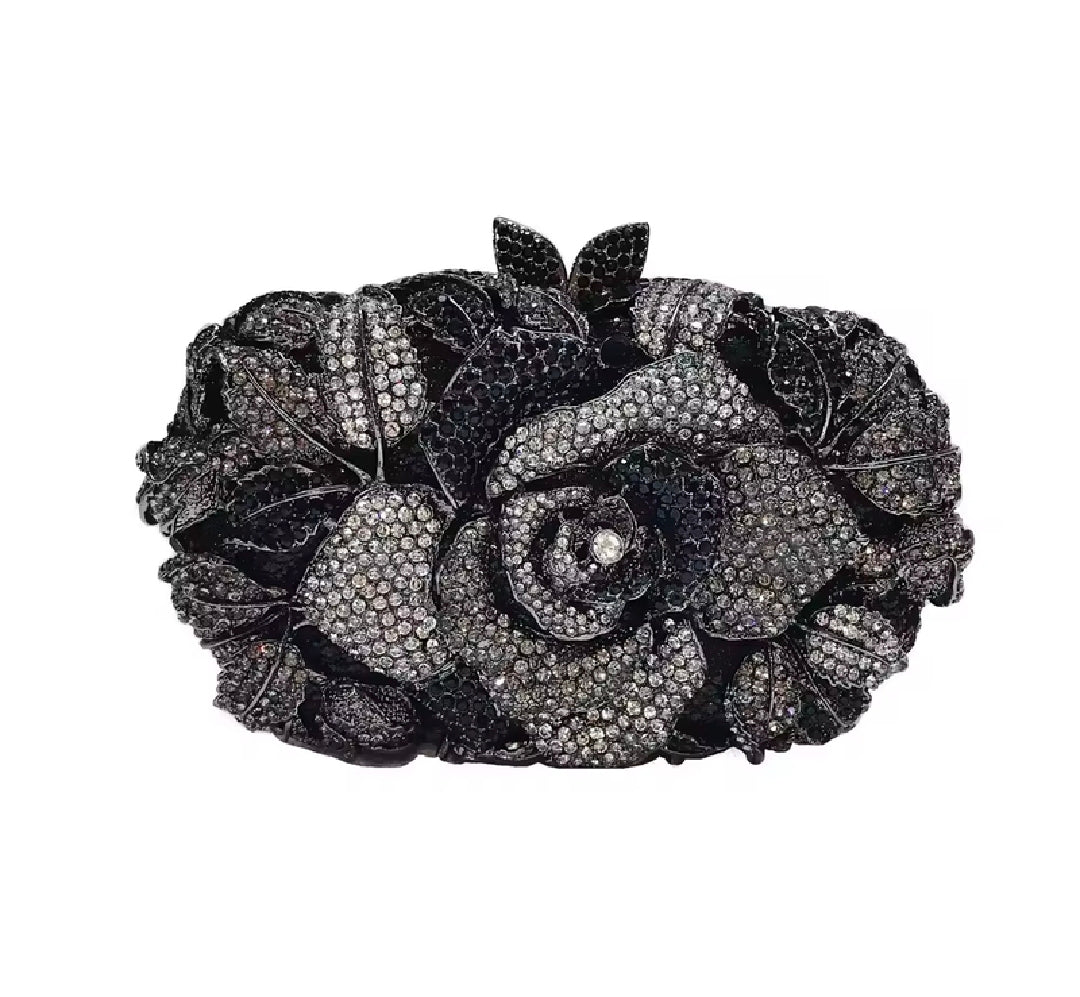 Crystal Rose Evening Clutch – Luxury Floral Rhinestone Bag Black