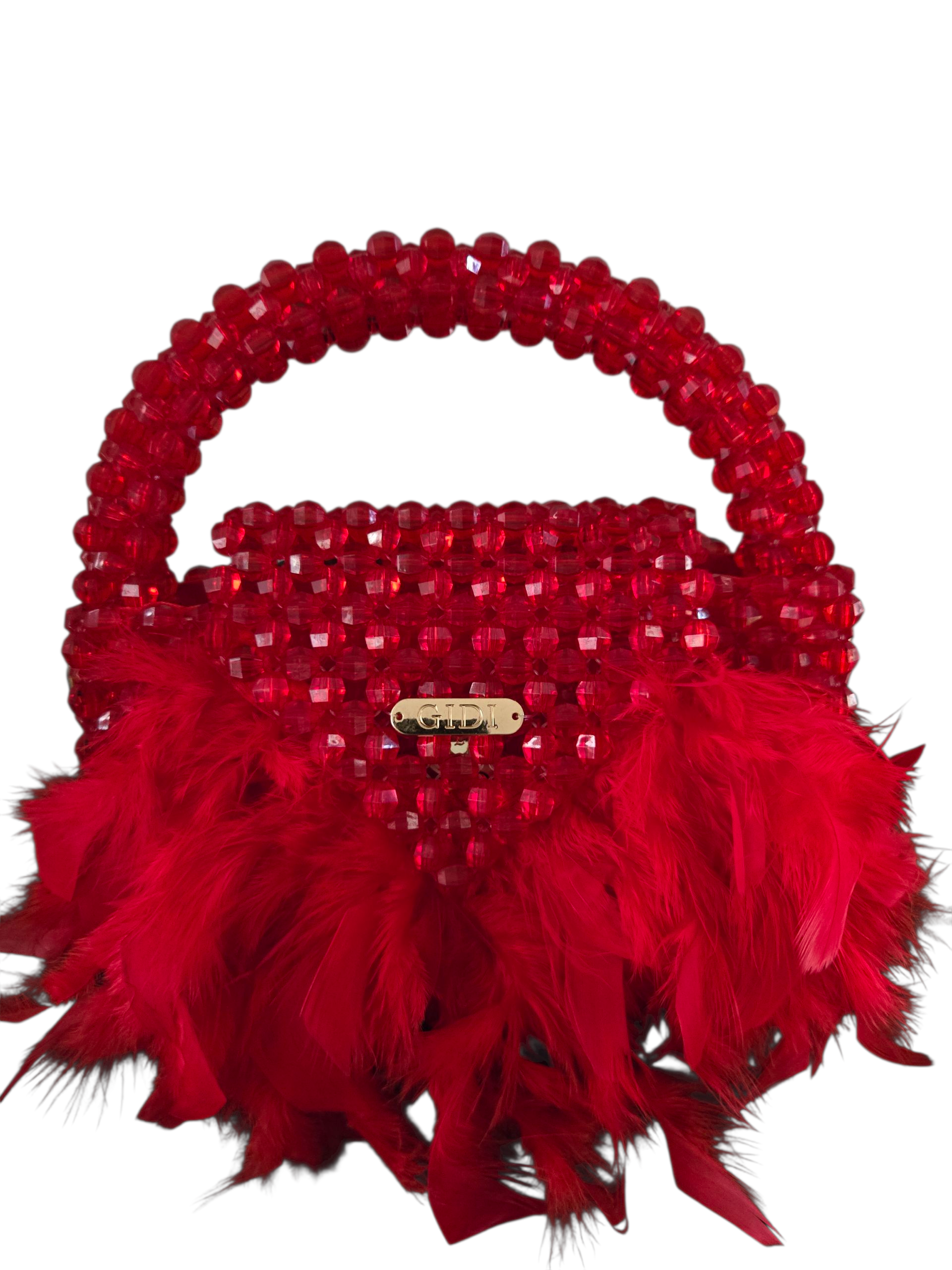 Gidi Vibes Beaded Feather Handbag – Luxury Statement Bag Red