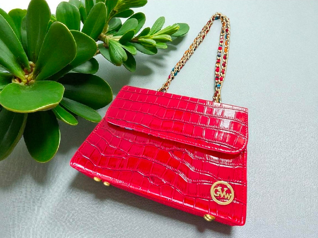 GVW Croc-Embossed Chain Shoulder Bag with Ankara Lining – Luxury Crossbody Red