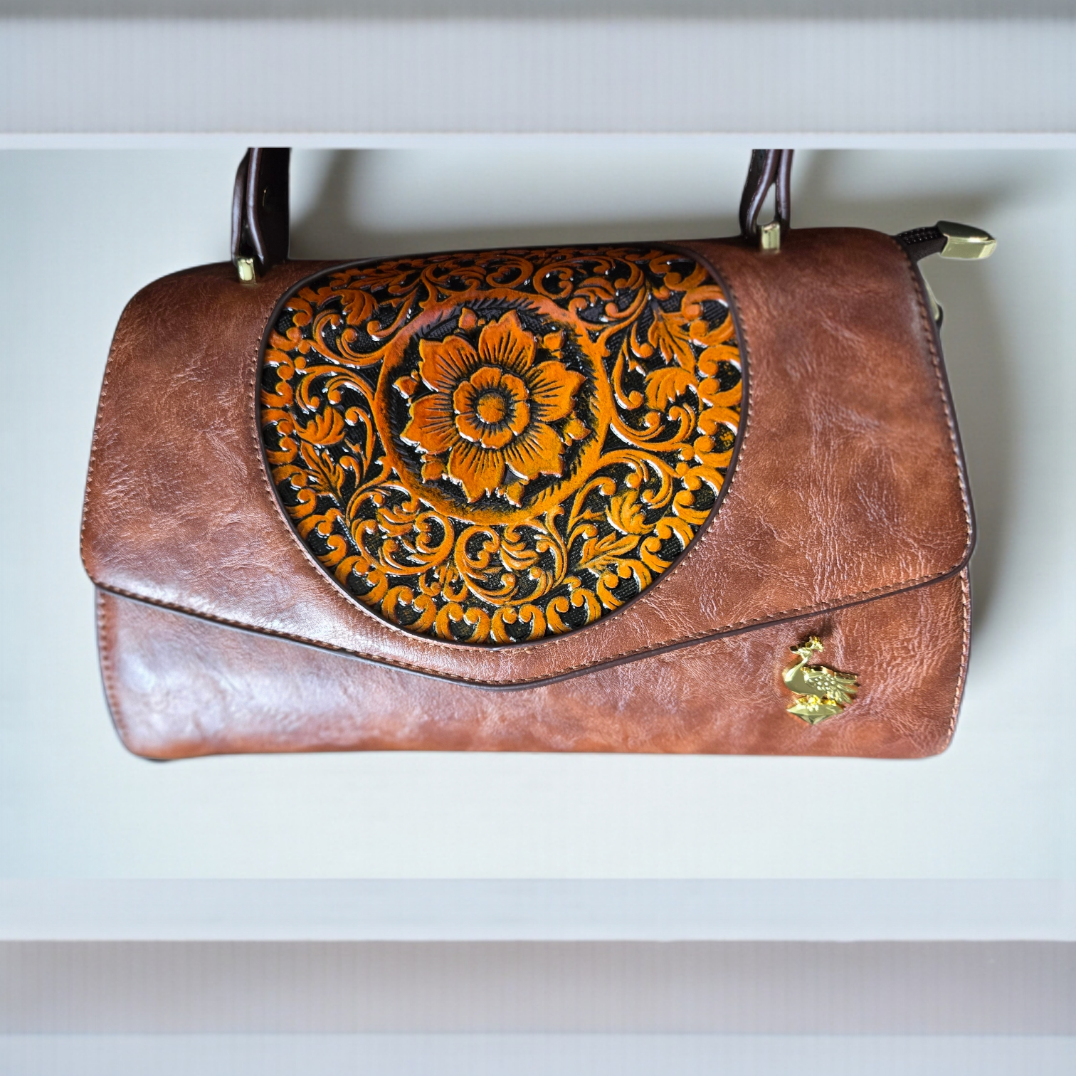 Vintage Floral Embossed Leather Handbag – Brown Top Handle & Crossbody