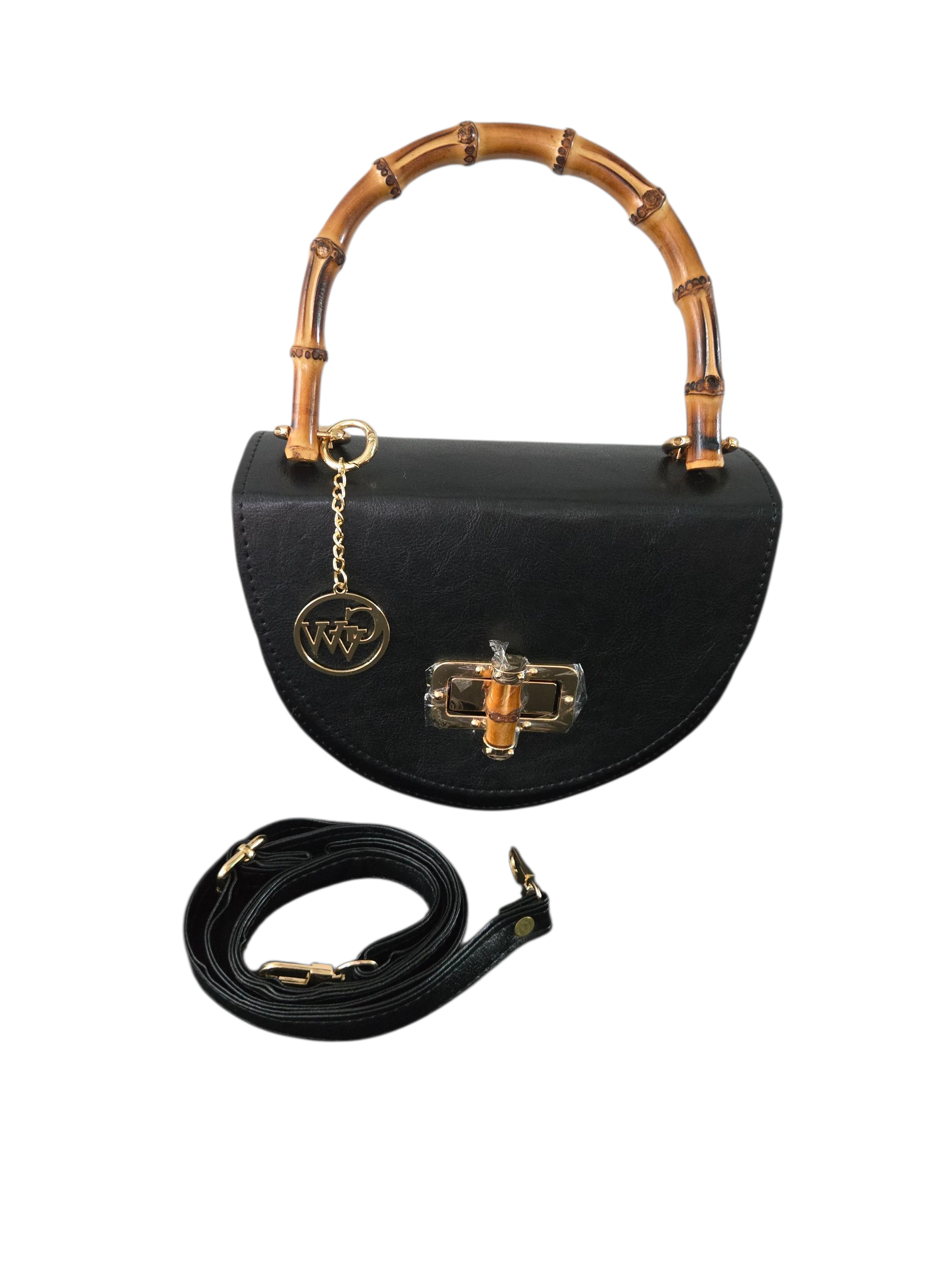Black Bamboo Handle Half-Moon Bag – Elegant Leather Handbag by Gidi Vibes Woman