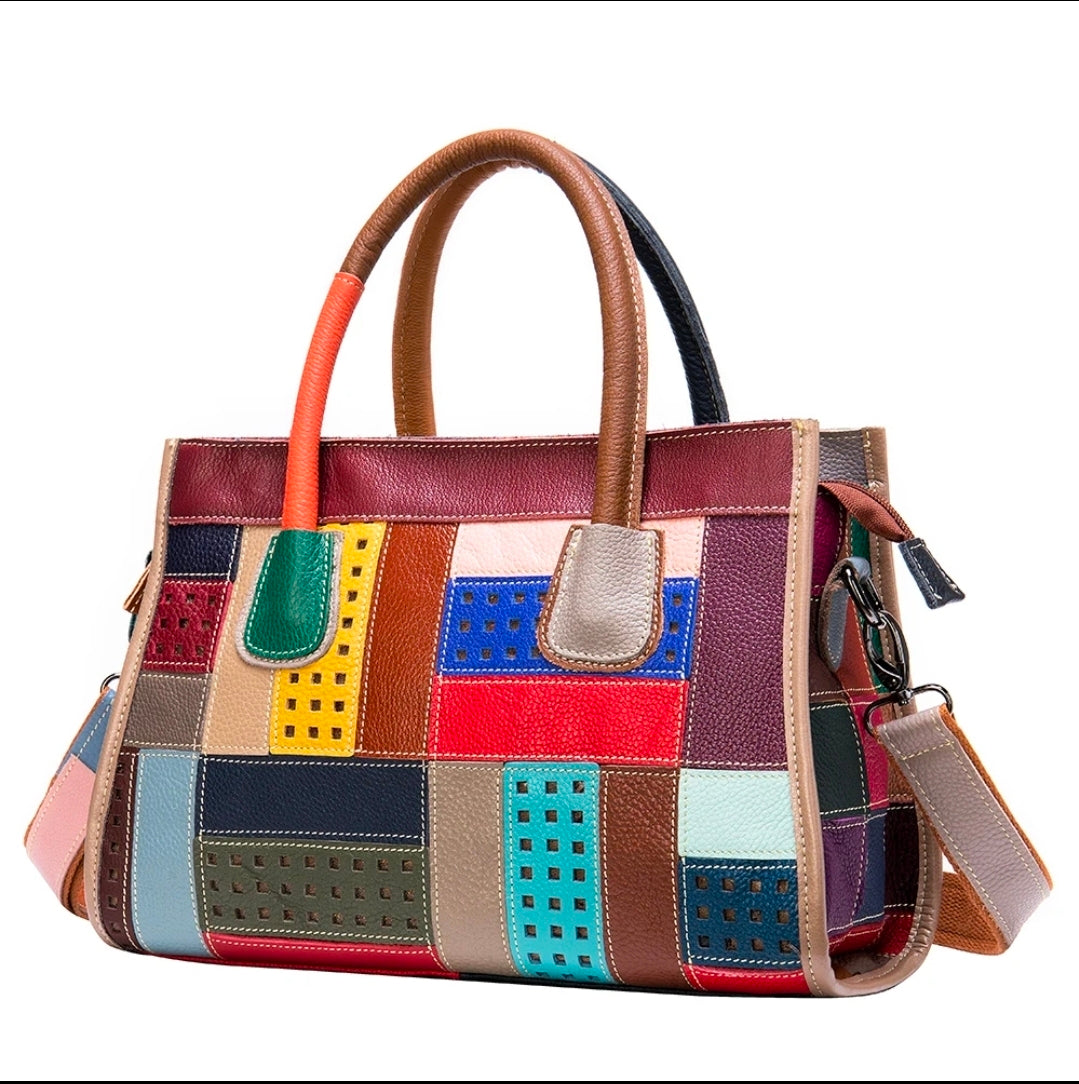Genuine Leather Patchwork Tote – Multicolor Handcrafted Leather Bag