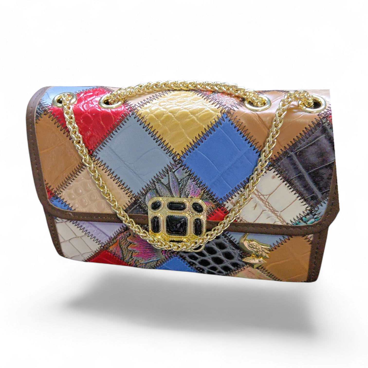 Genuine Leather Patchwork Crossbody Bag – Multicolor Exotic Texture Purse