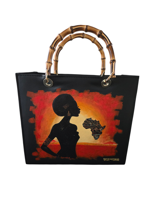 Gidi Vibes African Sunset Tote – Heritage Art Handbag with Bamboo Handles