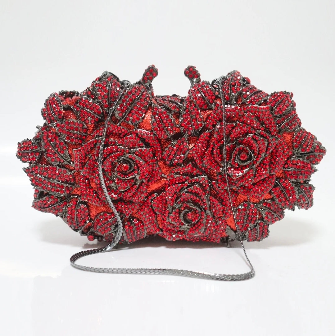 Crystal Rose Garden Clutch – Luxury Floral Evening Bag Red