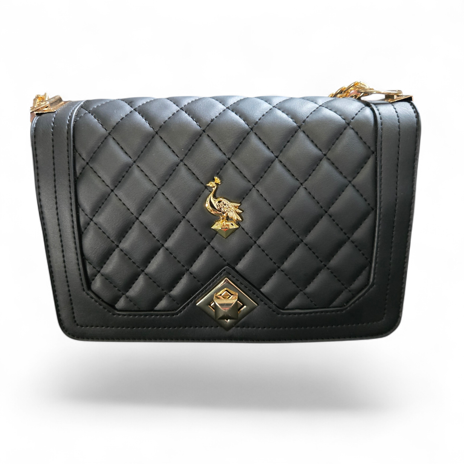 Black Quilted Leather Crossbody Bag – Gold Chain Luxury Shoulder Purse