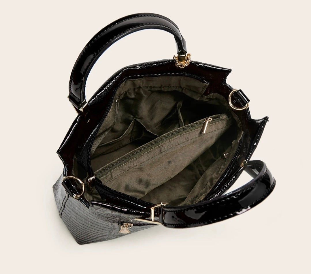 Midnight Luxe Croc-Embossed Tote with Floral Charm & Gold Hardware | House of GVHD