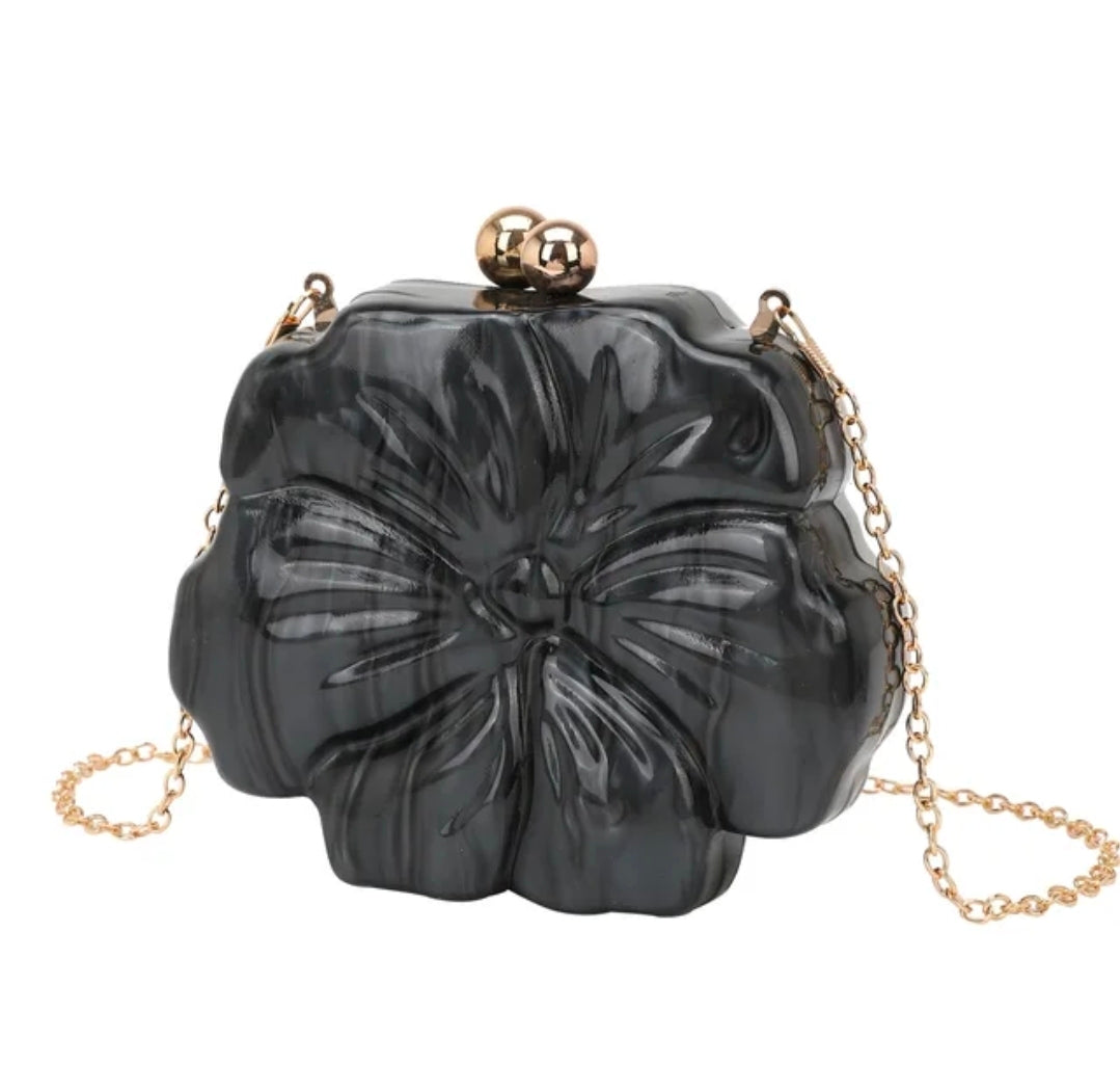 Black Flower Clutch – Sculpted Acrylic Evening Bag with Gold Kiss-Lock