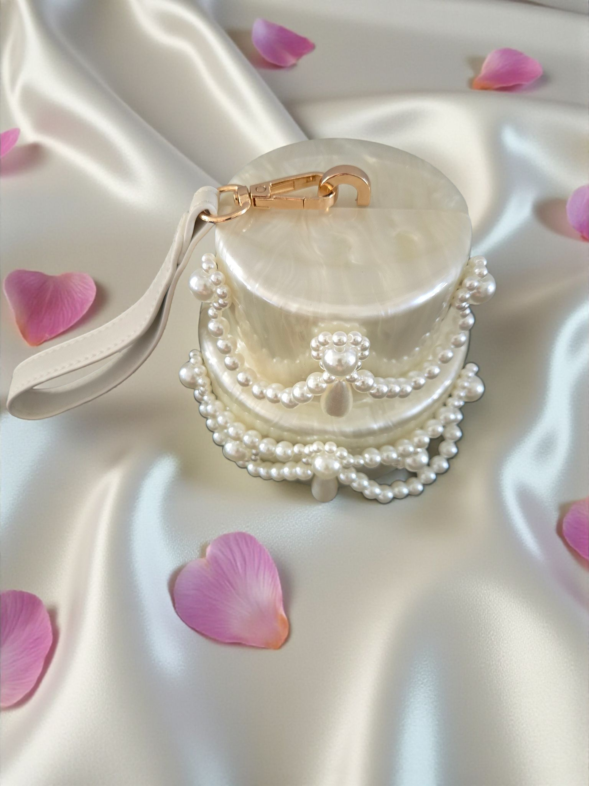 Pearl Embellished Handbag – Elegant White Clutch with Strap