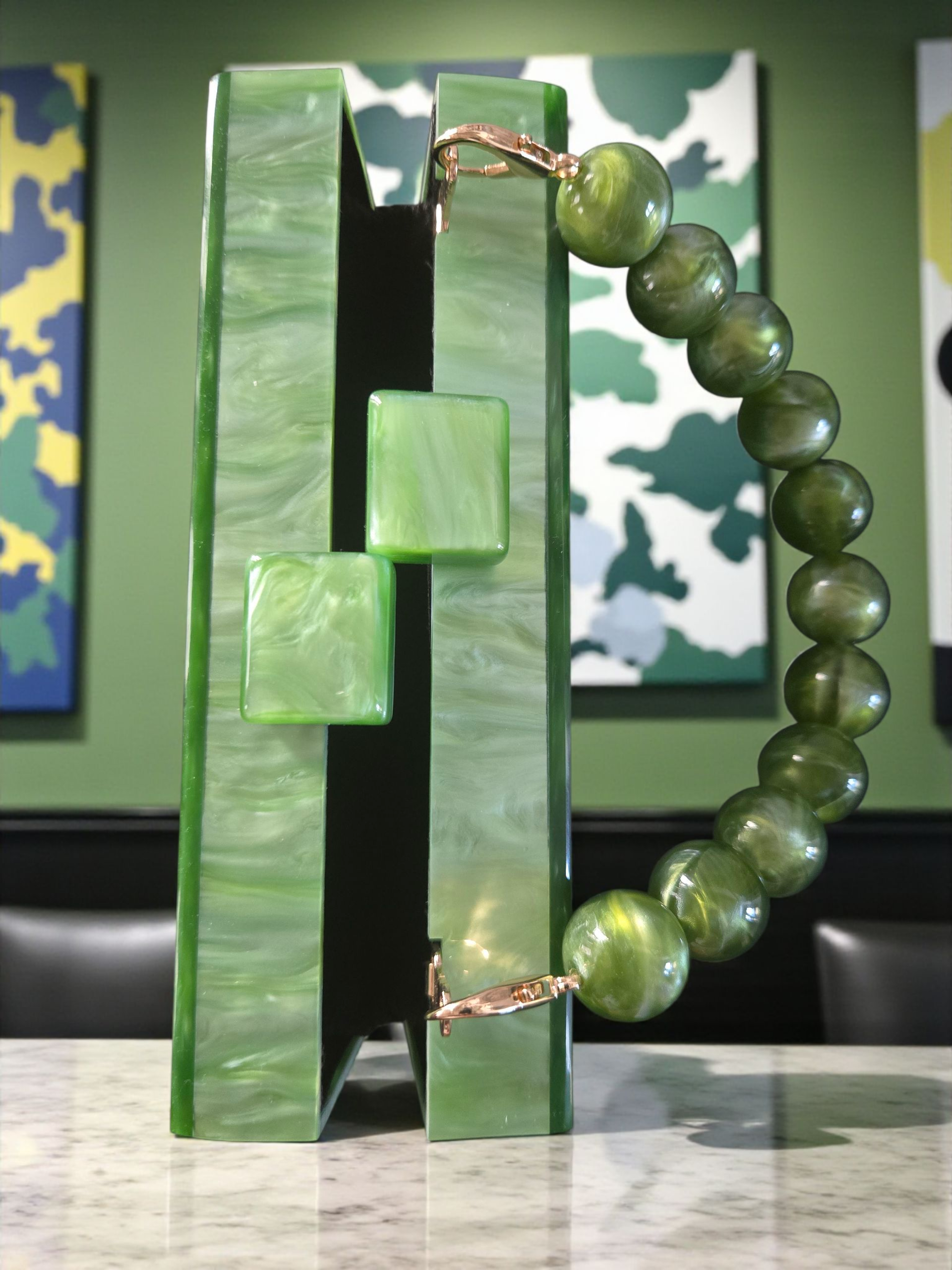 Green Marbled Acrylic Clutch with Beaded Handle & Gold Chain
