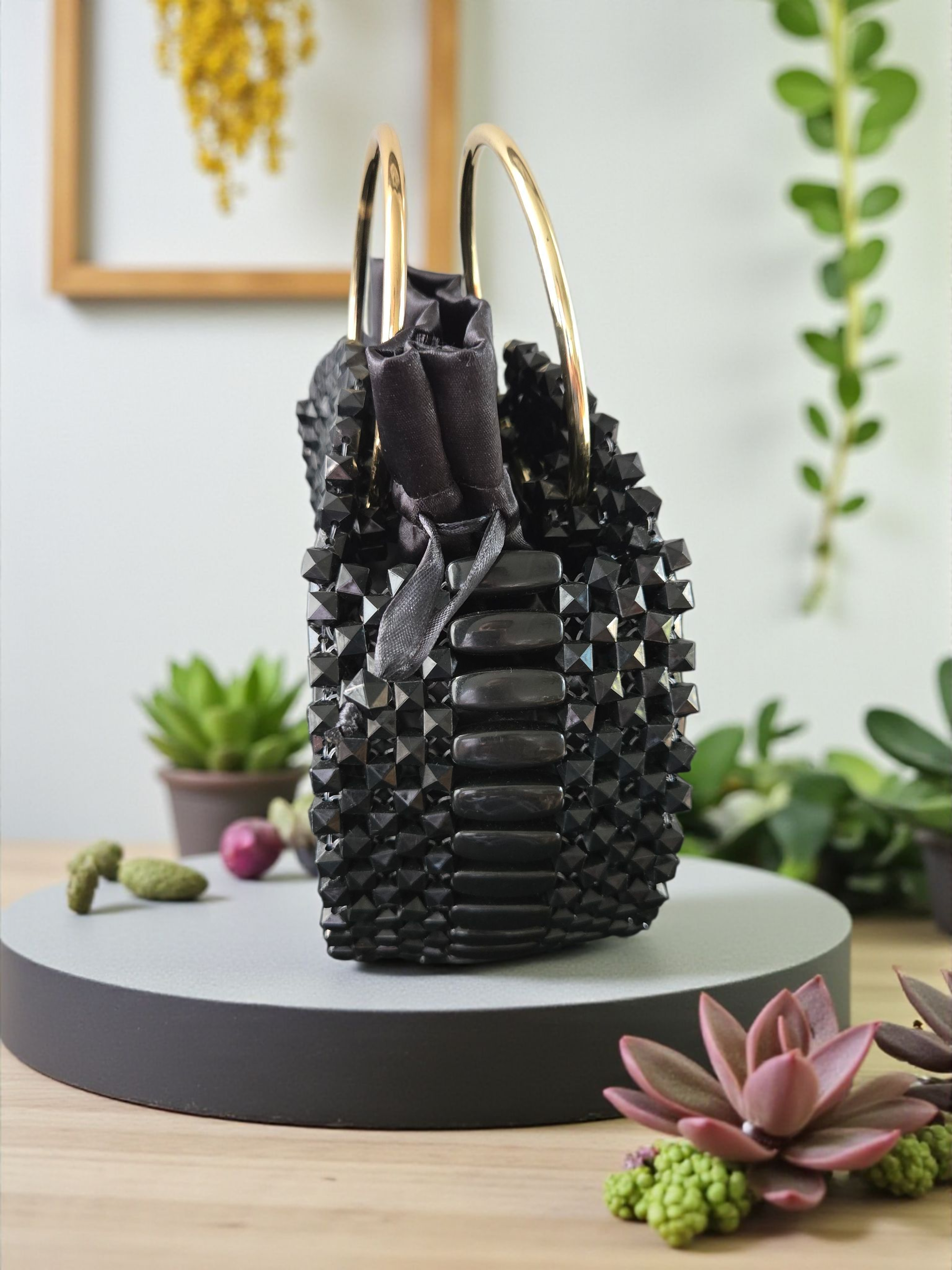 Black Beaded Round Bag with Gold Handles – Luxury Evening Handbag