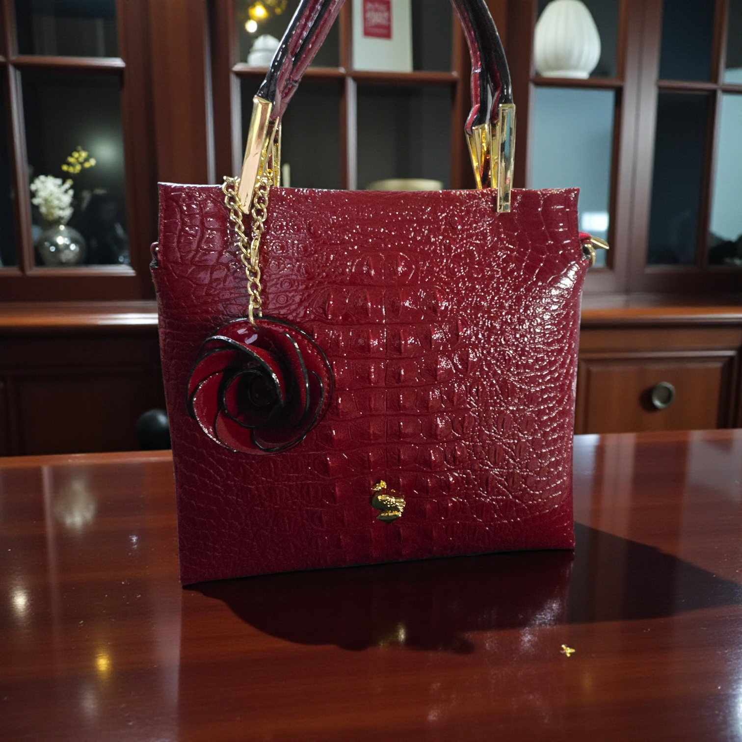 Midnight Luxe Croc-Embossed Tote with Floral Charm & Gold Hardware | House of GVHD