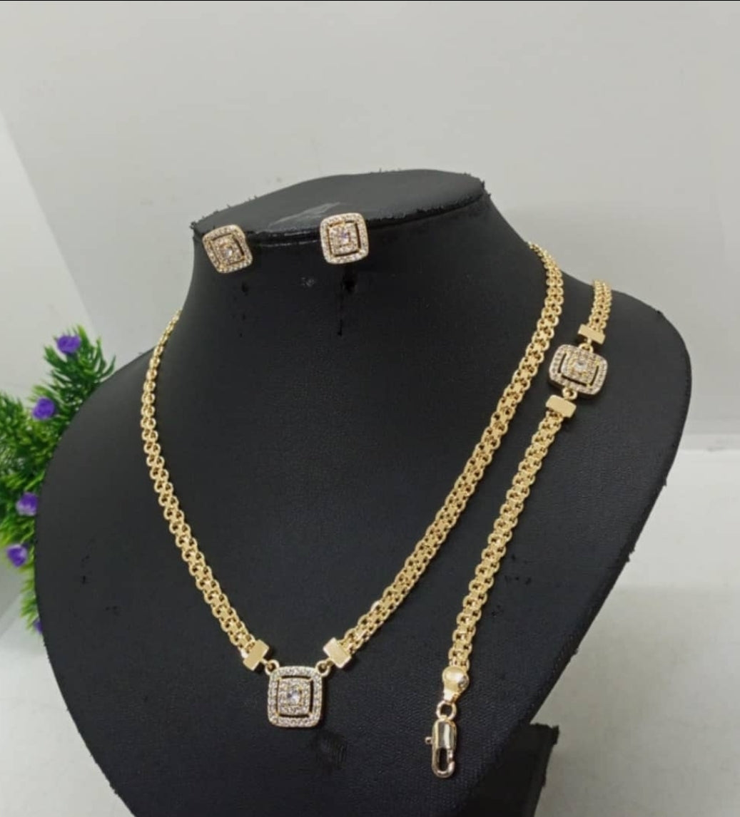 Gold Plated Square Pendant Jewelry Set – Necklace, Earrings & Bracelet
