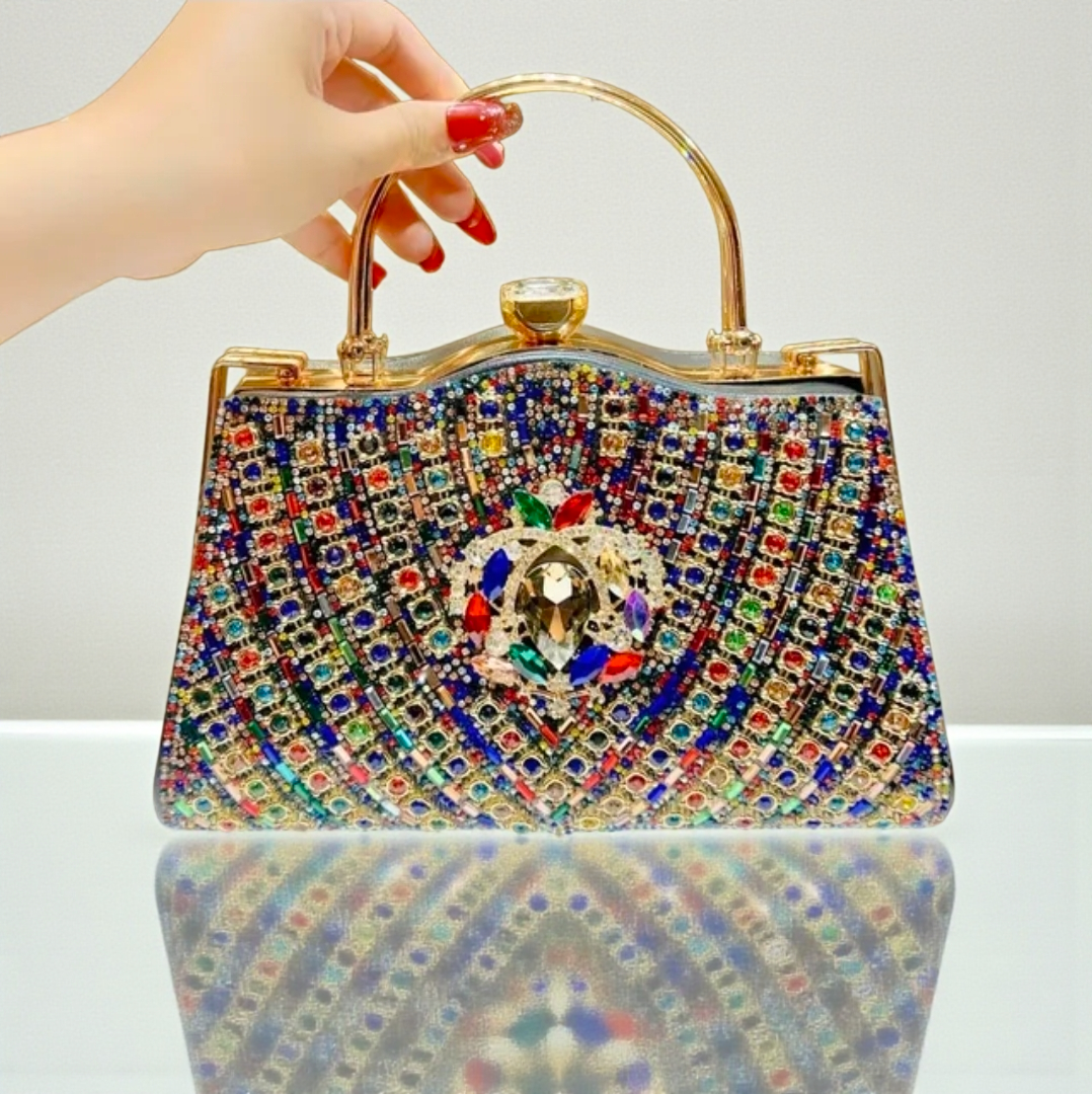 Multicolor Crystal Statement Handbag with Gold Top Handle – Luxury Evening Bag | House of GVHD
