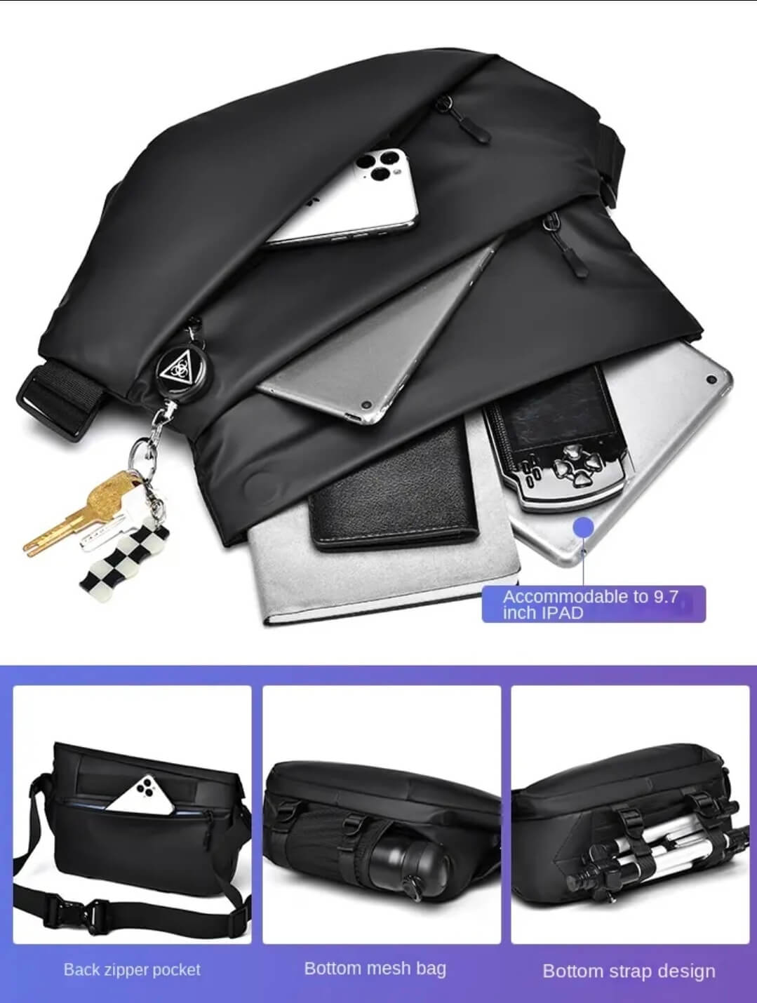 Men’s Waterproof Crossbody Sling Bag – Multi-Angle Design (Black)