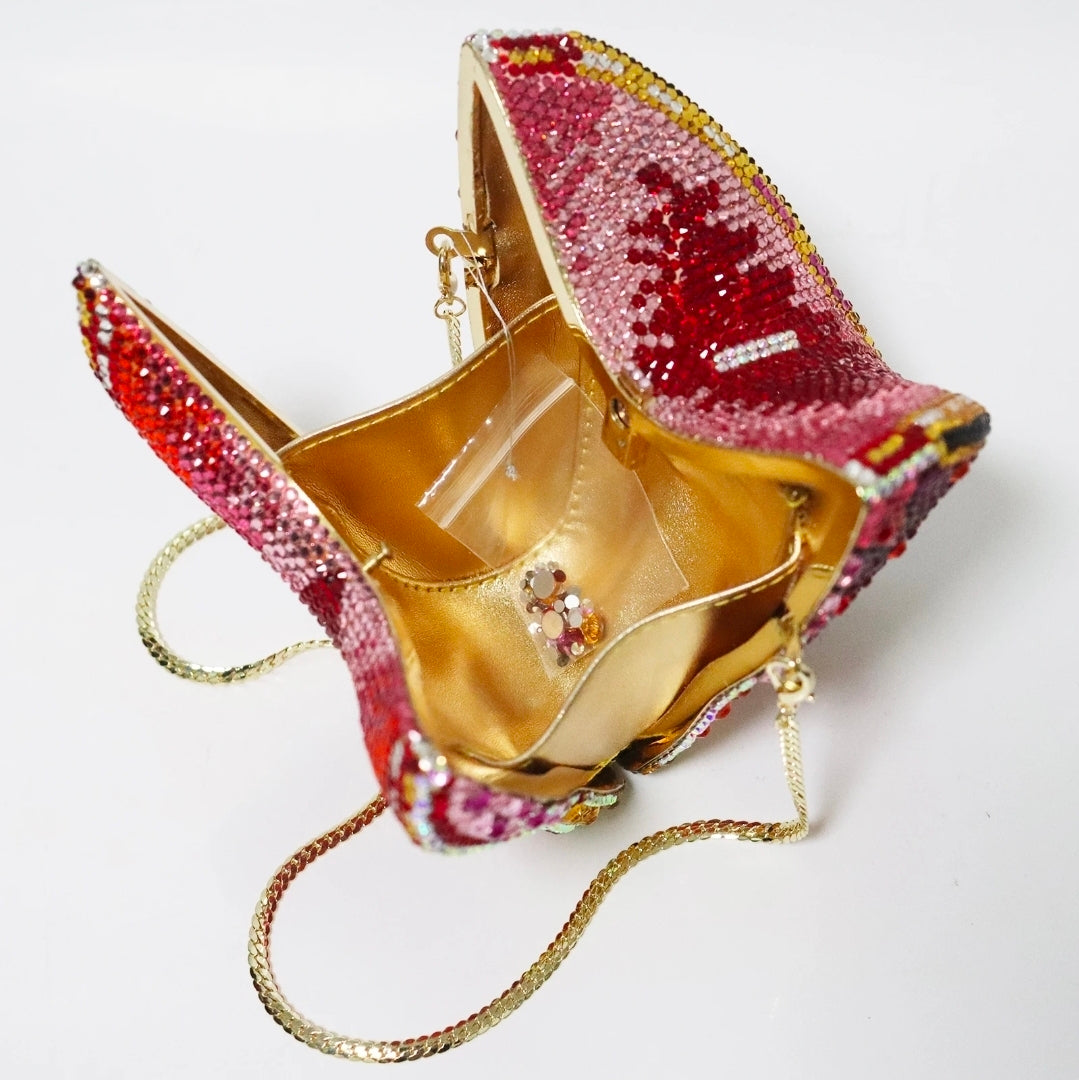 Bolso de mano tipo clutch con alas de mariposa de cristal – Lujoso bolso multicolor llamativo.