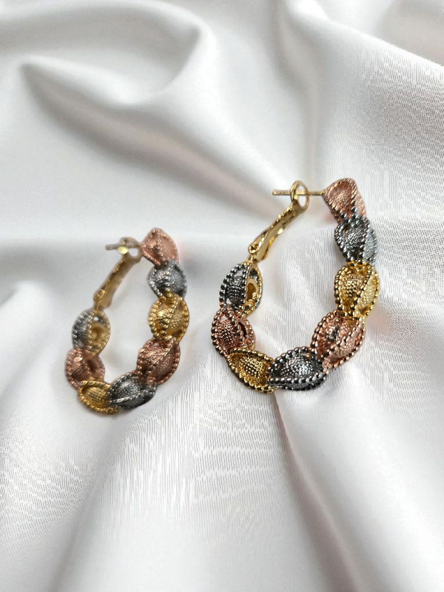 Tri-Tone Leaf Twist Hoop Earrings – Gold, Silver & Rose Gold