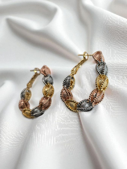 Tri-Tone Leaf Twist Hoop Earrings – Gold, Silver & Rose Gold