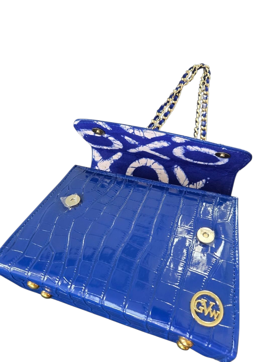 GVW Croc-Embossed Chain Shoulder Bag with Ankara Lining – Luxury Crossbody Blue