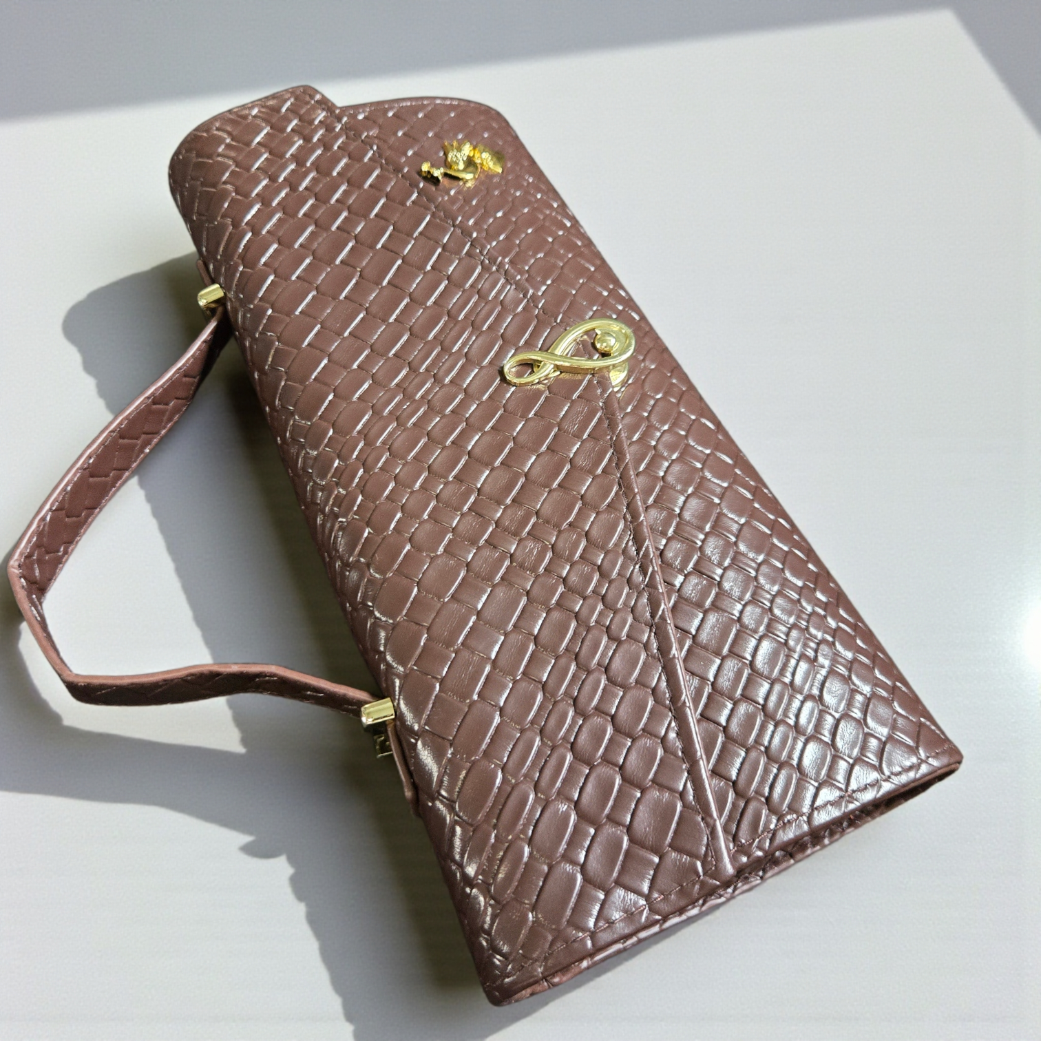 Chocolate Brown PU Leather Handbag – Textured Top Handle Shoulder Bag