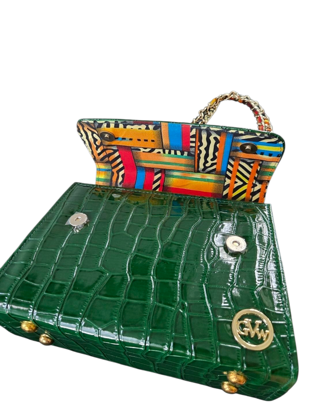 GVW Croc-Embossed Chain Shoulder Bag with Ankara Lining – Luxury Crossbody Green