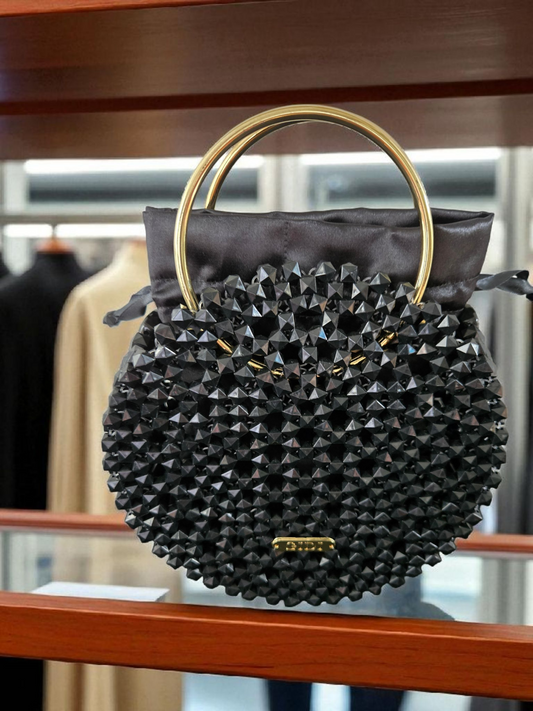 Black Beaded Round Bag with Gold Handles – Luxury Evening Handbag