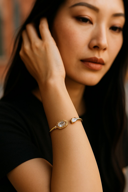 Gold Open Bangle Bracelet with Oval & Teardrop Crystals – House of GVHD Jewelry