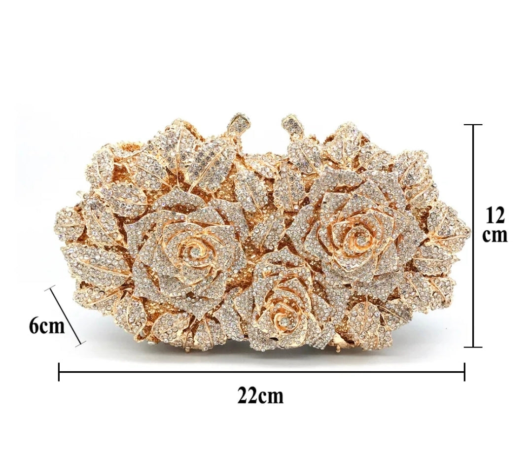 Crystal Rose Garden Clutch – Luxury Floral Evening Bag Gold