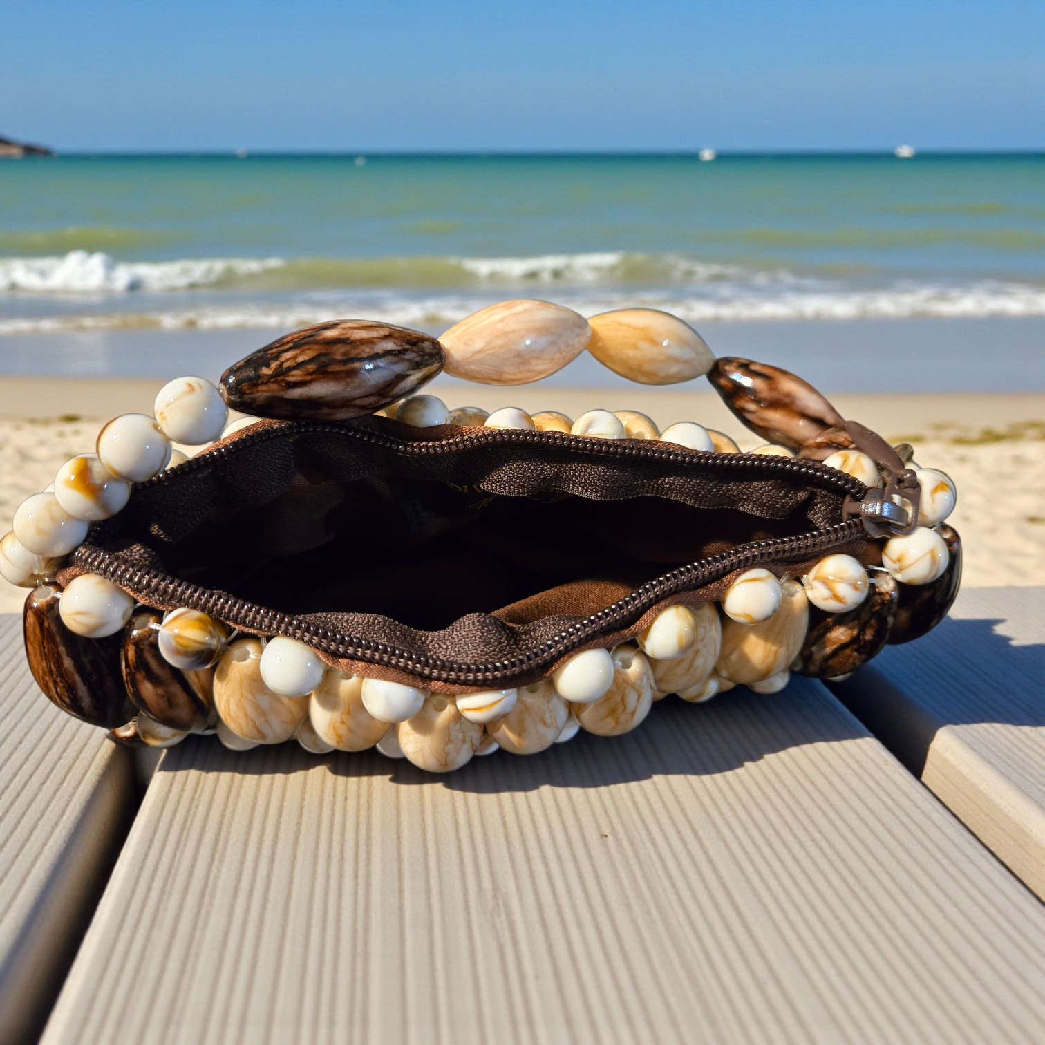 Beaded Pearl Handle Handbag- Brown, Multicolor, Ruby