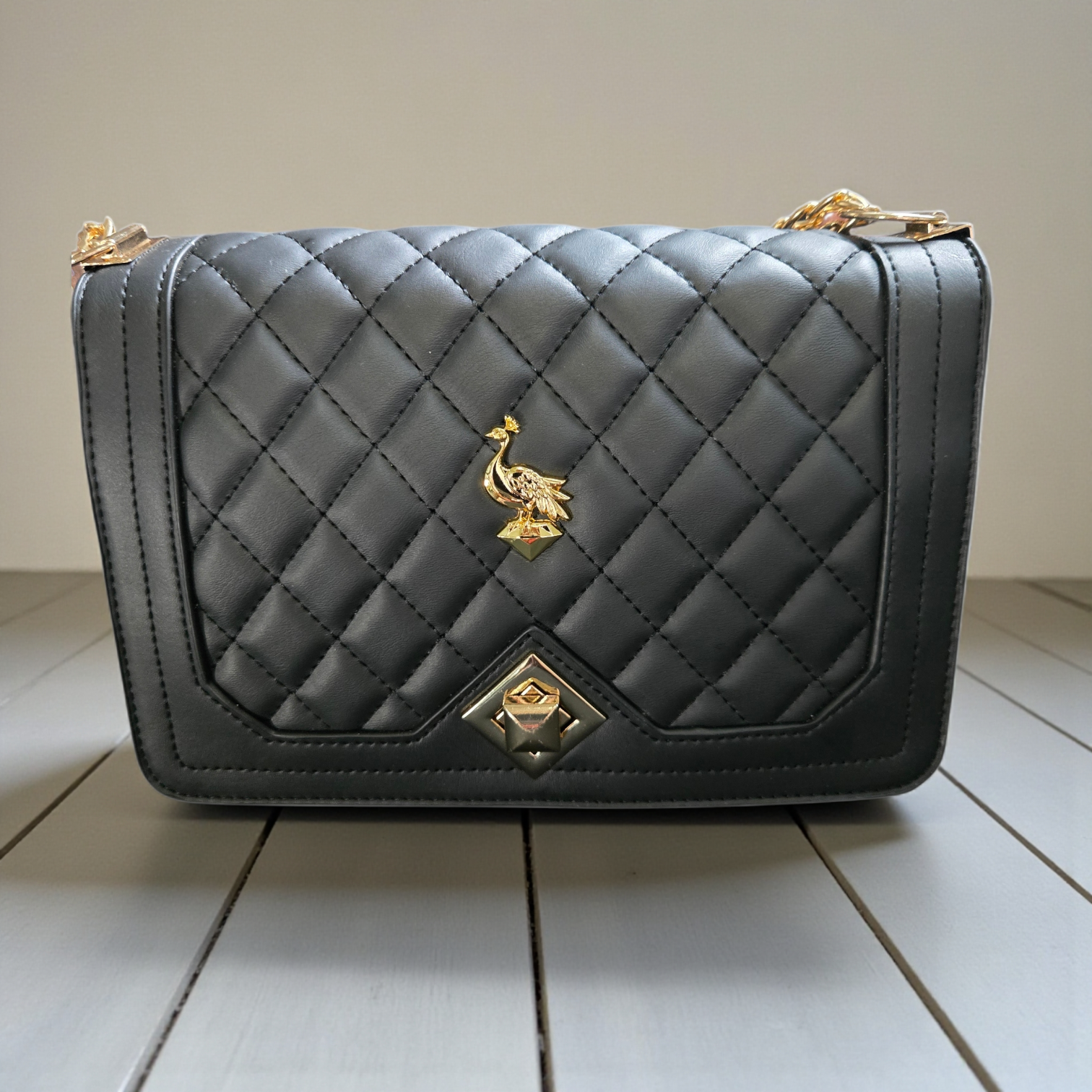 Black Quilted Leather Crossbody Bag – Gold Chain Luxury Shoulder Purse