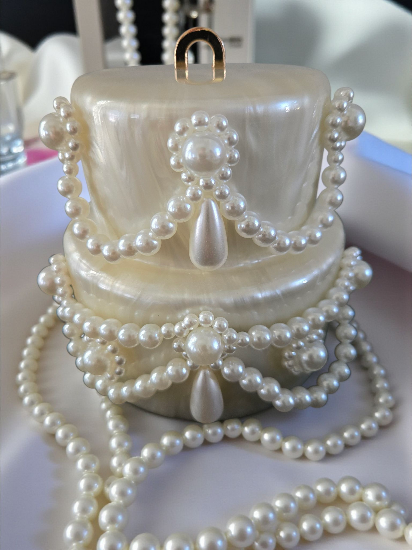 Pearl Embellished Handbag – Elegant White Clutch with Strap