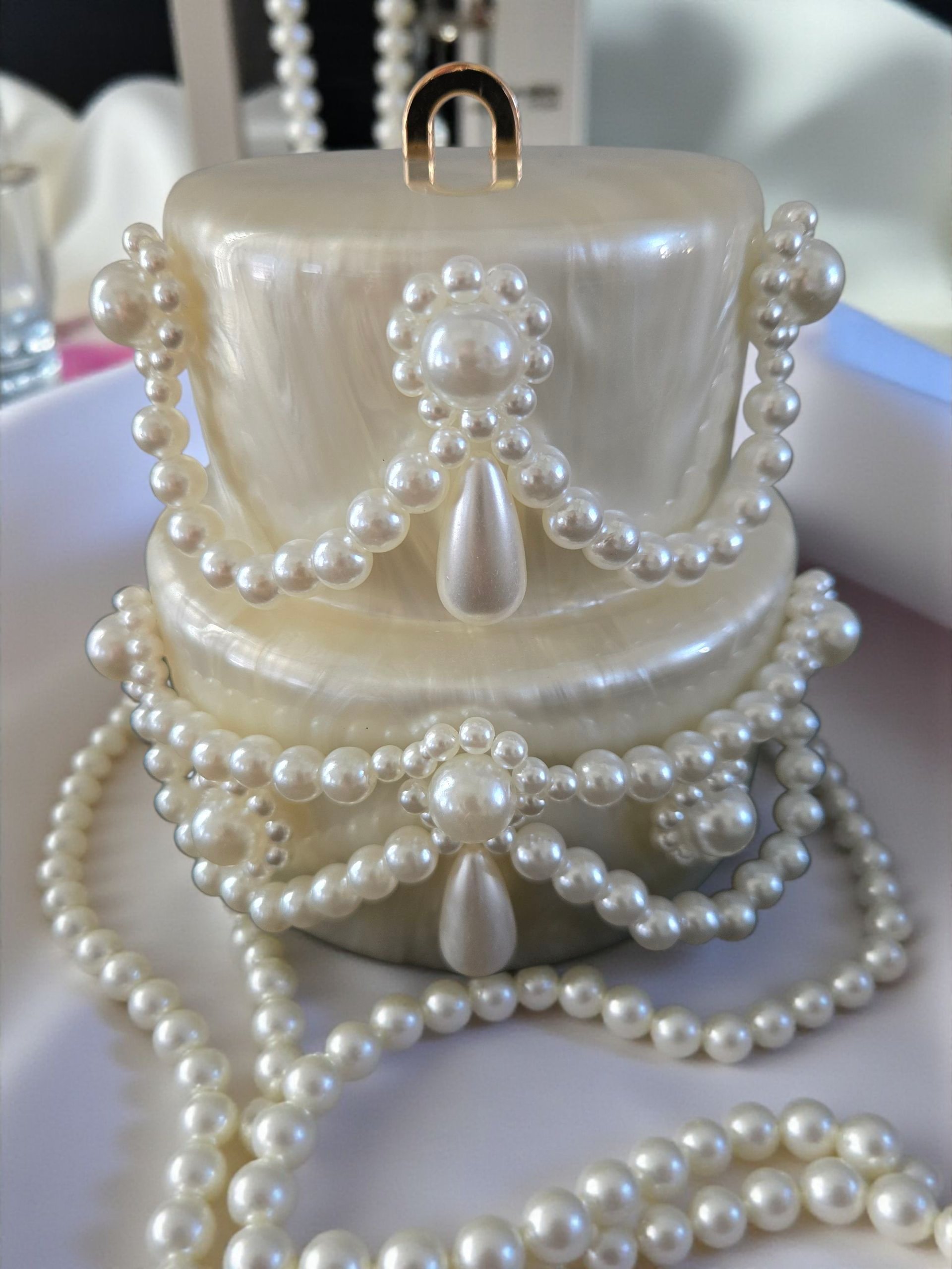 Pearl Embellished Handbag – Elegant White Clutch with Strap