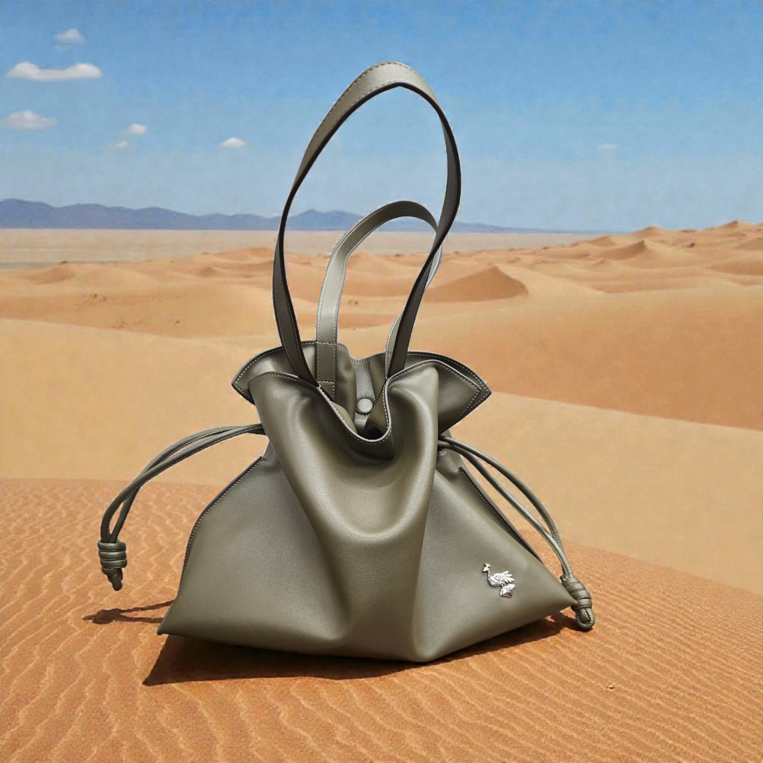 Genuine Leather Soft Tote Bag – Modern Olive Green, Cream and Tan Shoulder Bag