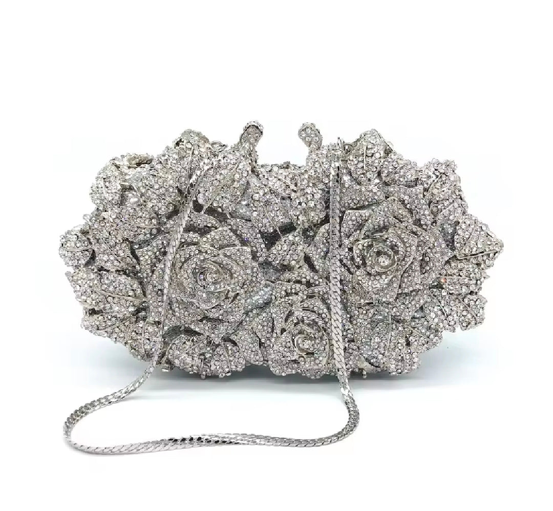 Crystal Rose Garden Clutch – Luxury Floral Evening Bag Silver