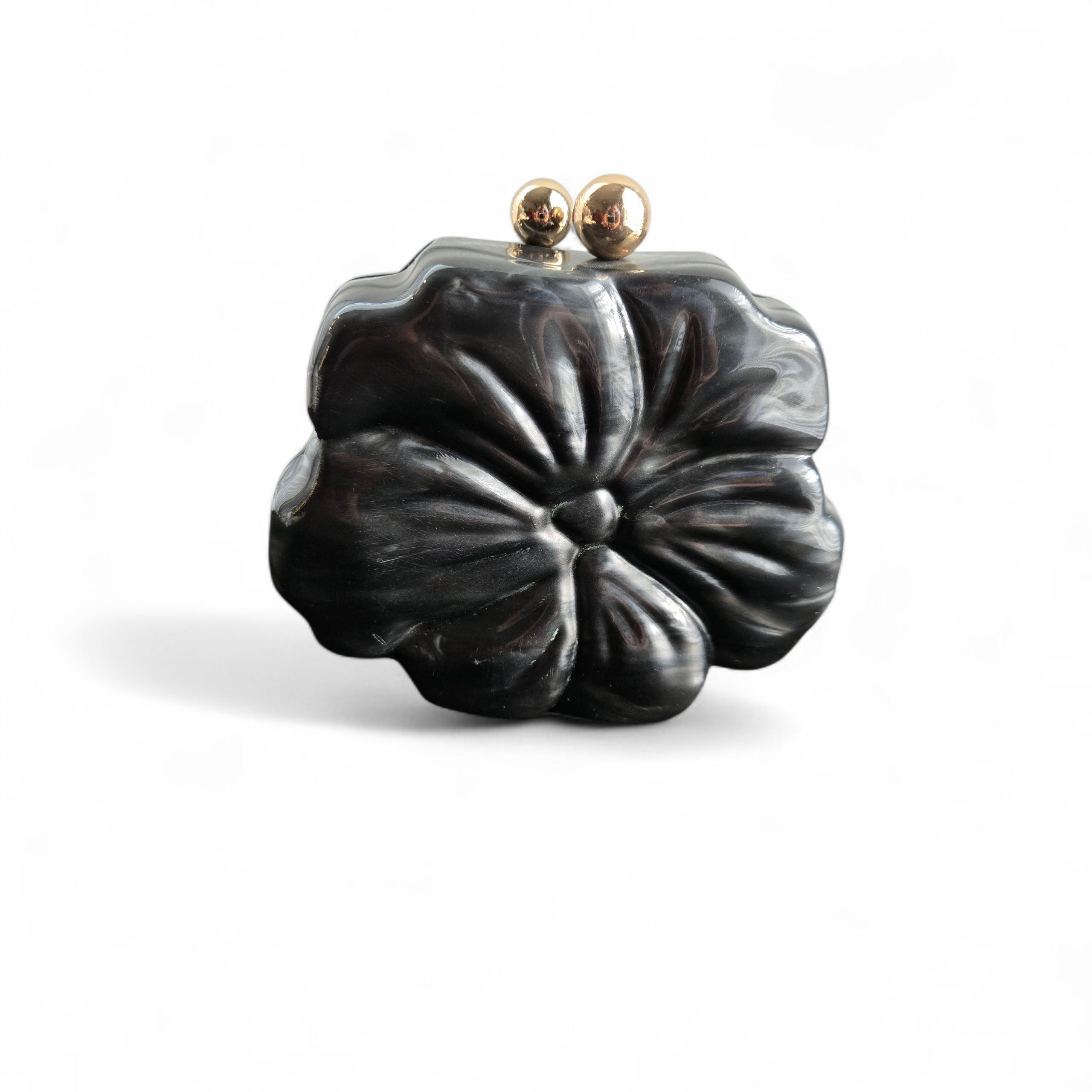 Black Flower Clutch – Sculpted Acrylic Evening Bag with Gold Kiss-Lock